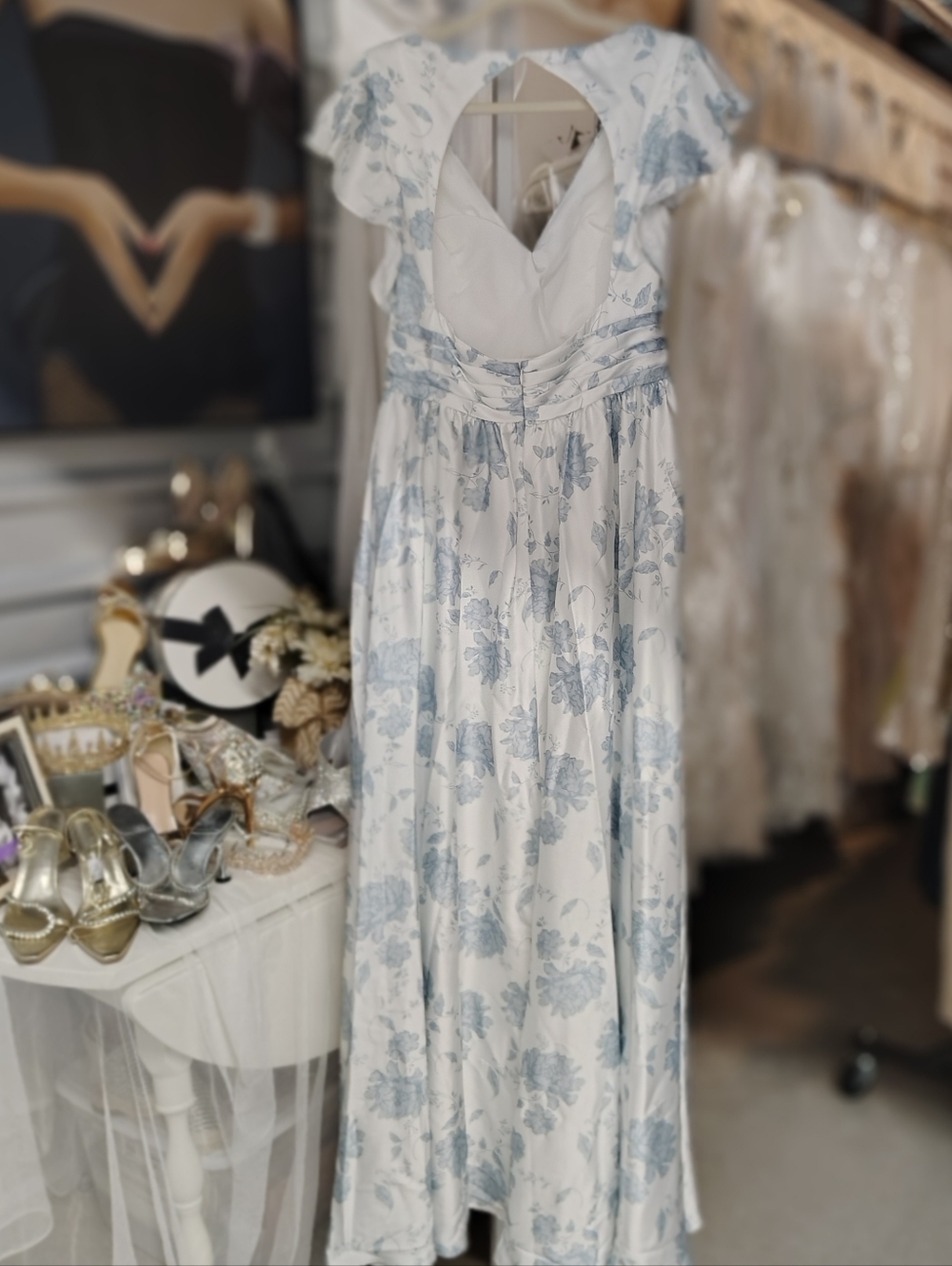 AW Bridal Dusty Blue Peonies Satin Charmeuse Dress | US 14 | NWOT - Picture 3 of 5